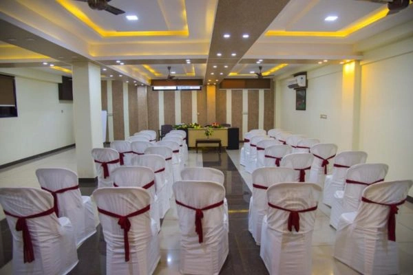 Hotel conference hall with arranged seating